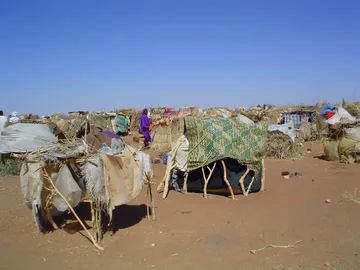 Makeshift shelters at a camp for displaced people in Darfur
